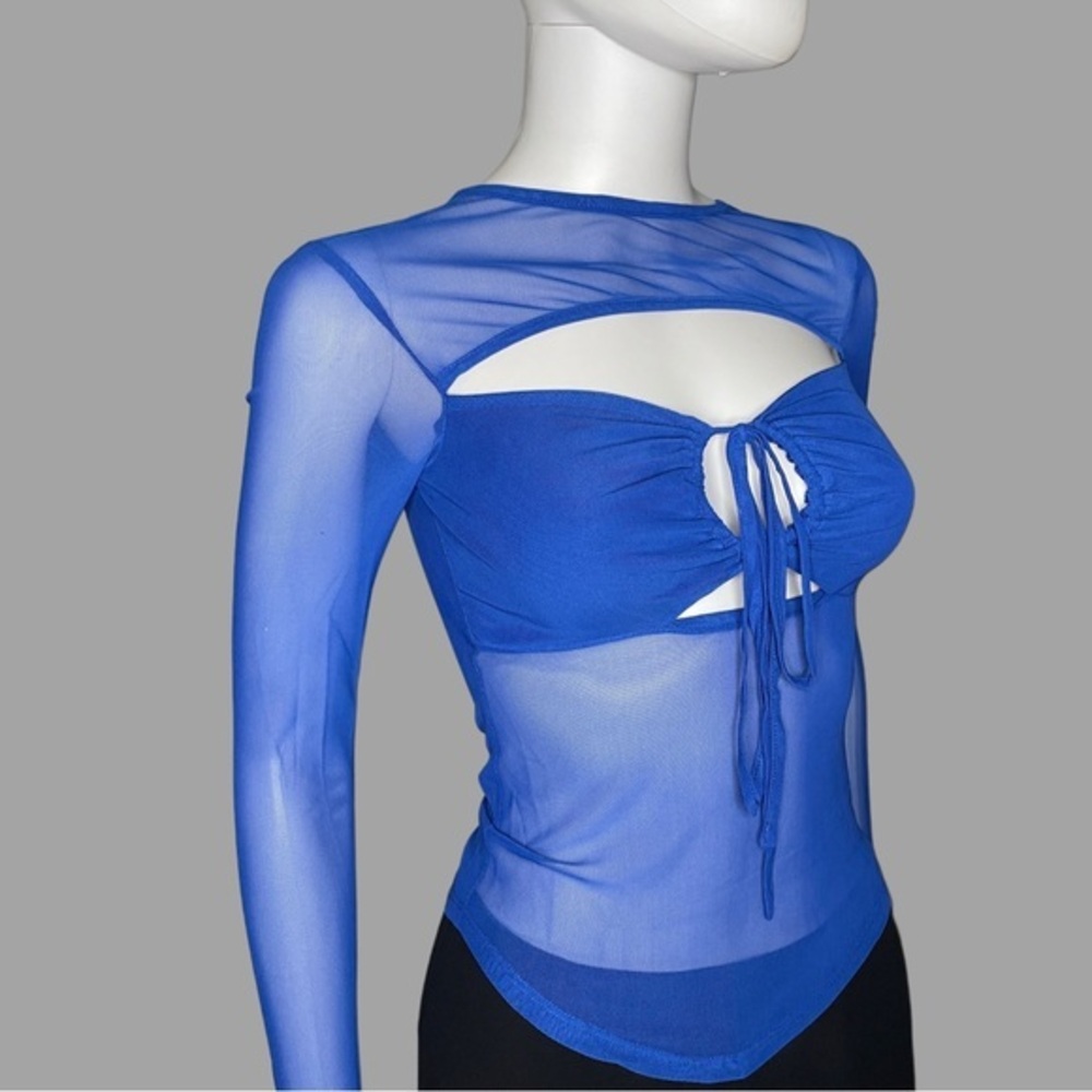 Topshop Blue Cut Out Detail Long Sleeve‎ Mesh Top